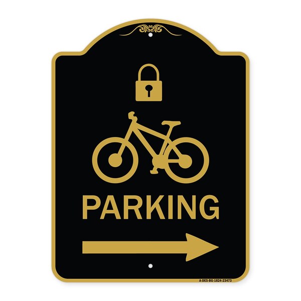 Parking W/ Lock Cycle & Right Arrow, Black & Gold Aluminum Sign, 18" x 24", BG-1824-23473